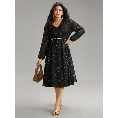Bloomchic Women's Plus Size Star Glitter Mesh Lantern Sleeve Ruffle Dress Black Going Out Elastic Cuffs 18-20/