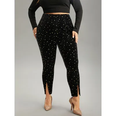 Bloomchic Women's Plus Size Star Glitter Split Hem High Rise Skinny Leggings Black High Stretch High Rise Part