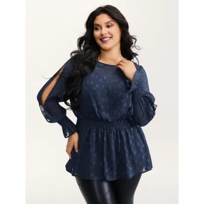 Bloomchic Women's Plus Size Star Jacquard Print Shirred Ruffled Blouse Indigo Synthetic Texture Party Extra Lo In Purple