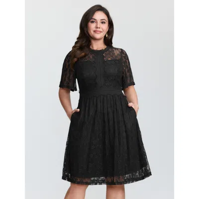 Bloomchic Women's Plus Size Star Lace Trim Shirred Waist Mini Dress Black Solid Midi Elegant Smocked 22-24/3x