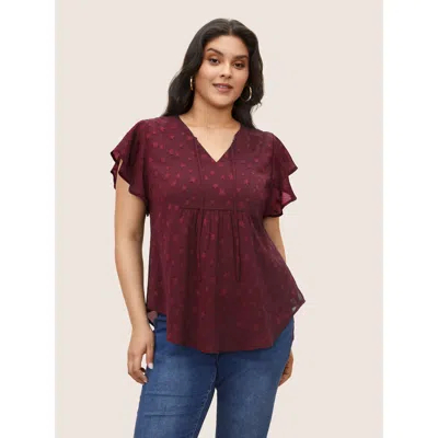 Bloomchic Women's Plus Size Star Mesh Gathered Ruffle Sleeve Blouse Burgundy Star & Moon Elegant Short Sleeve 