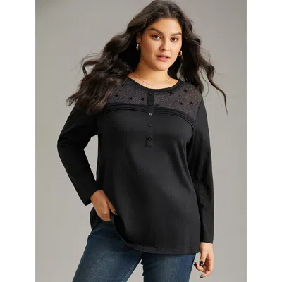 Bloomchic Women's Plus Size Star Mesh Patchwork Button Detail T-shirt Black Dailywear Long Sleeve 10/m
