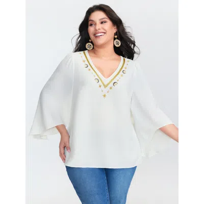 Bloomchic Women's Plus Size Star Moon Embroidered Neckline Flared Blouse Originalwhite Stars And Moons Vacatio