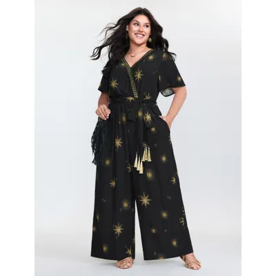 Bloomchic Women's Plus Size Star Moon Pattern Belted Jumpsuit Blackflower Vacation 12/l