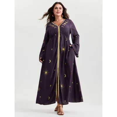 Bloomchic Women's Plus Size Star Moon Print Color Contrast Maxi Dress Eggplant Stars And Moons Maxi Vacation 2 In Purple