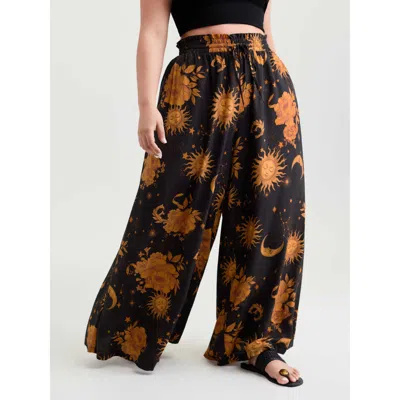Bloomchic Women's Plus Size Star Moon Print Wide Waistband Pants Blackflower Star & Moon Wide Leg High Rise Va