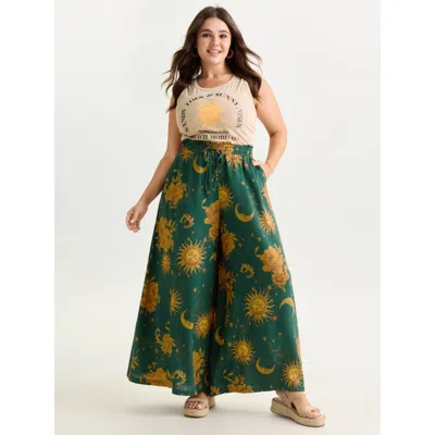 Bloomchic Women's Plus Size Star Moon Print Wide Waistband Pants Darkgreen Star & Moon Wide Leg High Rise Vaca In Green
