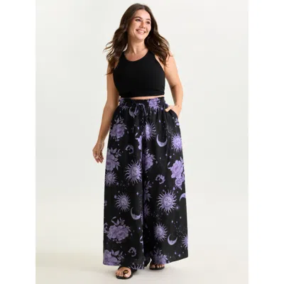 Bloomchic Women's Plus Size Star Moon Print Wide Waistband Pants Lilac Star & Moon Wide Leg High Rise Vacation In Purple
