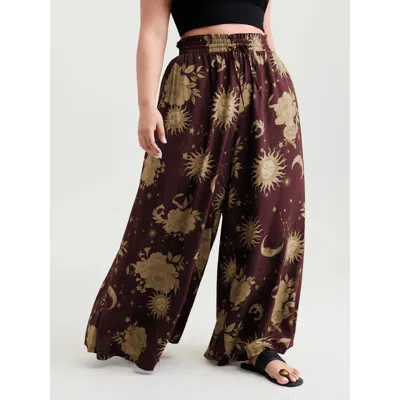 Bloomchic Women's Plus Size Star Moon Print Wide Waistband Pants Scarlet Star & Moon Wide Leg High Rise Vacati In Red