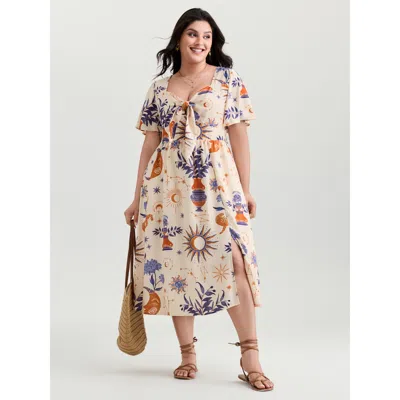 Bloomchic Women's Plus Size Star Moon Shirred Front-knot Midi Dress Ivory Stars And Moons Midi Vacation Tie Kn In White