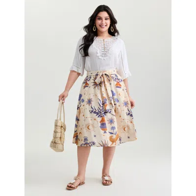 Bloomchic Women's Plus Size Star Moon Waist-tie Maxi Skirt Ivory Belted Tapered Fit Vacation 10/m In White