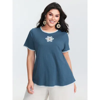 Bloomchic Women's Plus Size Star Motif Cut-out Round Neck T-shirt Mediumblue Non Vacation Short Sleeve 22-24/3