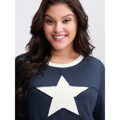 Bloomchic Women's Plus Size Star Pattern Textured Stretchy T-shirt Midnight Non Casual Long Sleeve 10/m In Blue