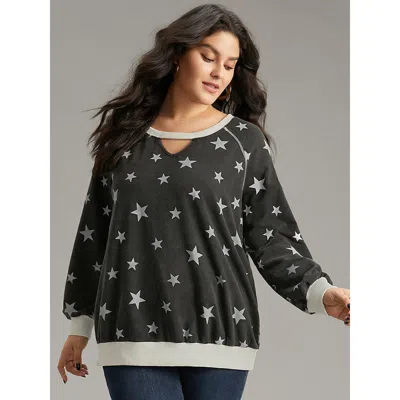 Bloomchic Women's Plus Size Star Print Keyhole Rib Knit Hem Sweatshirt Black Moon And Star Dailywear 10/m