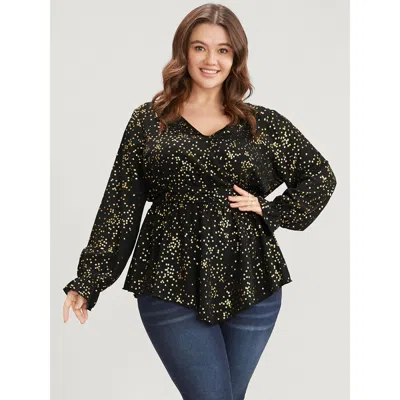 Bloomchic Women's Plus Size Star Print Lantern Sleeve Asymmetrical Ruffles Hem Wrap Blouse Black Stars And Moo