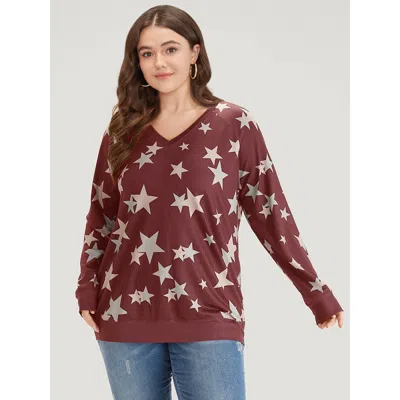 Bloomchic Women's Plus Size Star Print V Neck Raglan Sleeve Sweatshirt Raspberry Moon And Star Dailywear 12/l In Pink