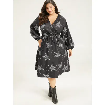 Bloomchic Women's Plus Size Star Print Wrap Belted Lantern Sleeve Dress Black Dailywear Elastic Cuffs 12/l