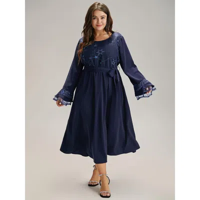 Bloomchic Women's Plus Size Star Sequin Mesh Layered Sleeve Dress Darkblue Going Out Belted 14-16/1x In Blue