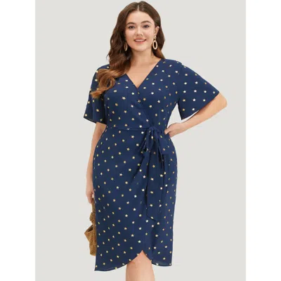 Bloomchic Women's Plus Size Star Wrap Ties Pocket Ruffle Sleeve Dress Indigo Going Out Wrap / Overlap 30/6x In Purple