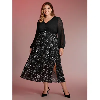 Bloomchic Women's Plus Size Starry Adventure Contrast Sheer Midi Dress Black Stars And Moons Midi Elegant 10/m
