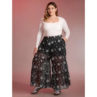 Bloomchic Women's Plus Size Starry Halloween Night Sheer Wide Waistband Pants Black Non Wide Leg Mid Rise Eleg