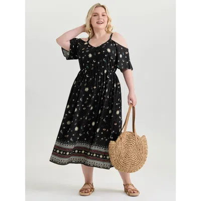 Bloomchic Women's Plus Size Starry Night Cold-shoulder Flowy Midi Dress Blackflower Star & Moon Maxi Vacation 