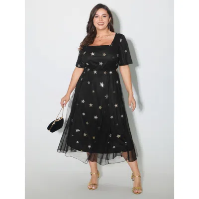 Bloomchic Women's Plus Size Starry Print Square Neckline Midi Dress Blackflower Foil Print Midi Party Sequin 2