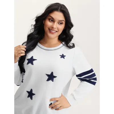 Bloomchic Women's Plus Size Star-stripes Applique Stretchy Hem Sweatshirt Ivory Casual 14-16/1x In White