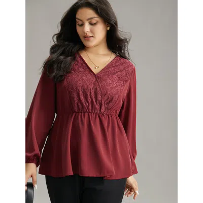Bloomchic Women's Plus Size Static-free Contrast Lace Lantern Sleeve Blouse Scarlet Office Long Sleeve 10/m In Red