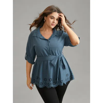 Bloomchic Women's Plus Size Static-free Laser Cut Belted Scalloped Trim Blouse Stone Office Long Sleeve 30/6x In Gray