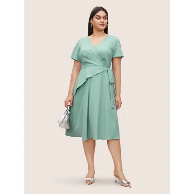 Bloomchic Women's Plus Size Static-free Overlap Collar Pleated Tie Knot Dress Mint Non Midi Office Overlapping In Green