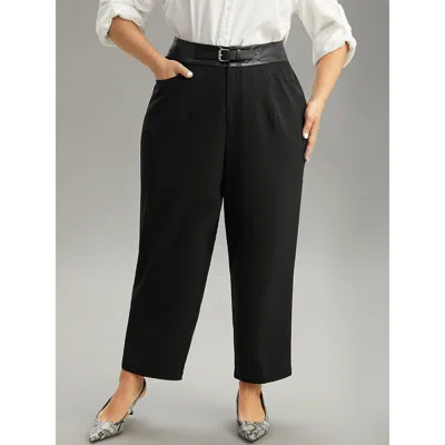 Bloomchic Women's Plus Size Static-free Pu Leather Buckle Detail Pants Black High Rise Office 10/m