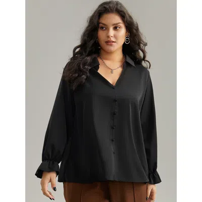 Bloomchic Women's Plus Size Static-free Solid Button Detail Frill Trim Blouse Black Office Long Sleeve 12/l