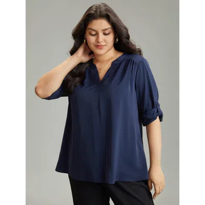 Bloomchic Women's Plus Size Static-free Solid Gathered Tab Sleeve Blouse Indigo Office Long Sleeve 10/m In Purple