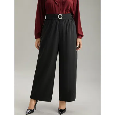 Bloomchic Women's Plus Size Static-free Solid Glitter Buckle Detail Belted Pants Black High Rise Office 10/m