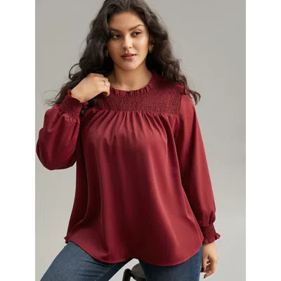 Bloomchic Women's Plus Size Static-free Solid Shirred Frill Trim Blouse Scarlet Office Long Sleeve 10/m In Red