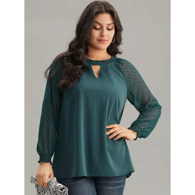 Bloomchic Women's Plus Size Static-free Solid Shirred Mesh Texture Keyhole Blouse Arctic Dailywear Long Sleeve In White