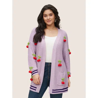 Bloomchic Women's Plus Size Stereo Cherry Design Striped Patchwork Cardigan Lilac Long Sleeve 18-20/2x In Purple