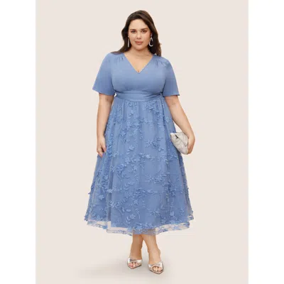 Bloomchic Women's Plus Size Stereo Floral Embroidered Patchwork Mesh Dress Stone Non Midi Party Pleated 10/m In Gray