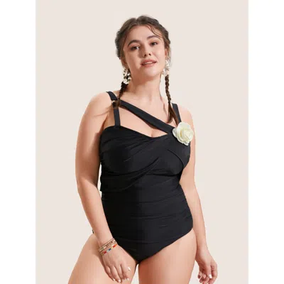 Bloomchic Women's Plus Size Stereo Flower Asymmetrical Ruched One Piece Swimsuit Black Non Overlapping Adaptiv