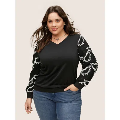 Bloomchic Women's Plus Size Stereo Jacquard Design Patchwork Sweatshirt Black Graphic Everyday 12/l