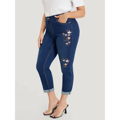 Bloomchic Women's Plus Size Straight Leg Very Stretchy Dark Wash Floral Embroidered Jeans Darkblue Plain Embro In Blue