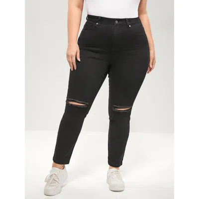 Bloomchic Women's Plus Size Straight Moderately Stretchy Mid Rise Black Wash Distressed Jeans Black Plain Dist