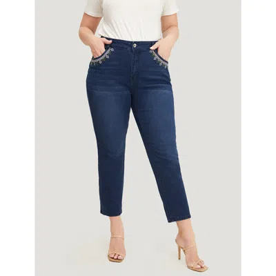 Bloomchic Women's Plus Size Straight Very Stretchy High Rise Dark Wash Embroidered Trim Jeans Darkblue Plain E In Blue
