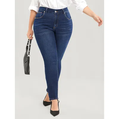 Bloomchic Women's Plus Size Straight Very Stretchy High Rise Dark Wash Jeans Darkblue Plain Plain High Stretch In Blue