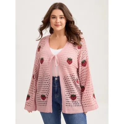 Bloomchic Women's Plus Size Strawberry Jacquard Embroidery Tie Knit Cardigan Nudepink Long Sleeve V-neck 12/l