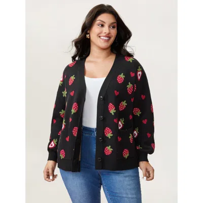 Bloomchic Women's Plus Size Strawberry Jacquard Pattern Knit Cardigan Black Long Sleeve V-neck 12/l
