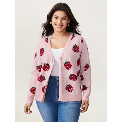 Bloomchic Women's Plus Size Strawberry Pattern Button-front Knit Cardigan Blush Long Sleeve V-neck 12/l In Pink