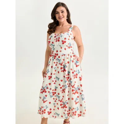 Bloomchic Women's Plus Size Strawberry Print Cinched-waist Midi Dress Originalwhite Maxi Elegant Smocked 10/m