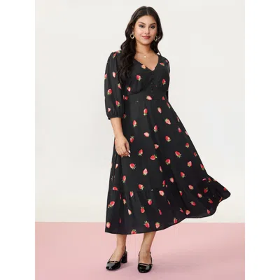 Bloomchic Women's Plus Size Strawberry Print Shirred Waist Midi Dress Black Fruit Midi Elegant Smocked 10/m